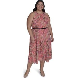 Tommy Hilfiger Paisley Chiffon Belted Full Skirt Midi Sheer Dress Sz. 20W NWT